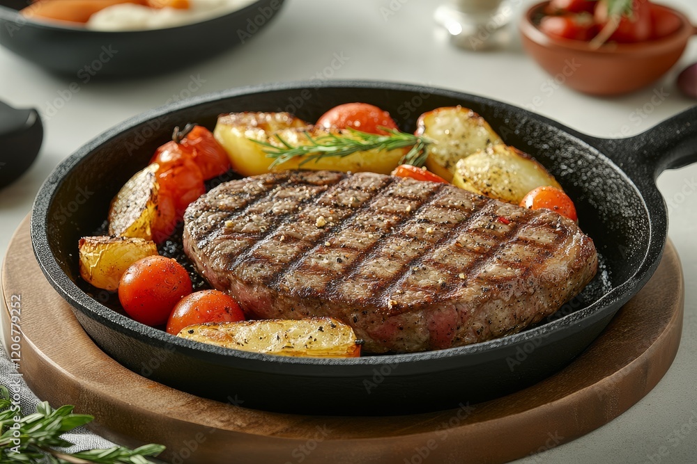 Grilled steak with roasted potatoes and tomatoes in a cast iron skillet. Grilled steak with roasted potatoes and tomatoes in a cast iron skillet.