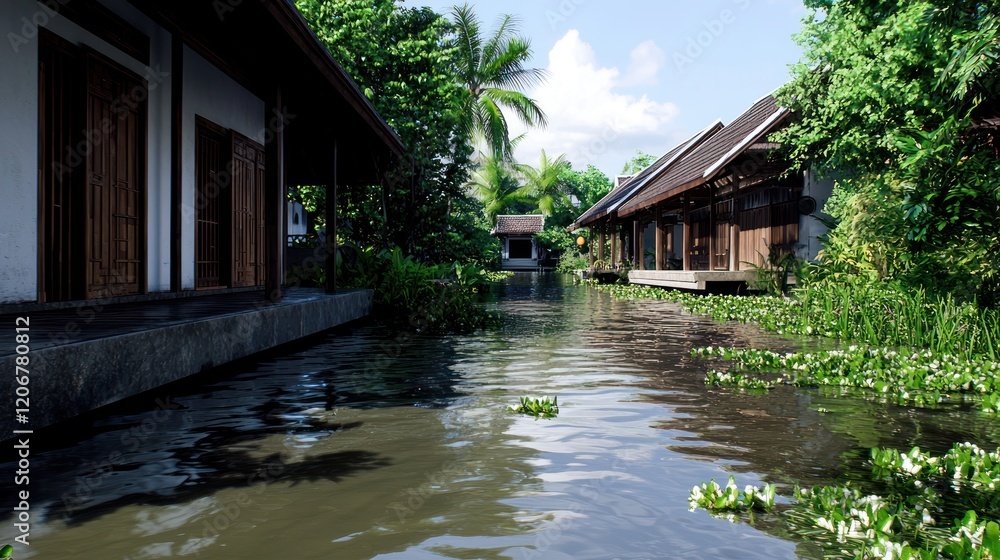 Fototapeta premium Houses along a tranquil canal