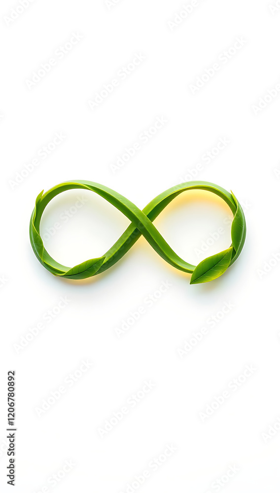 A glossy 3D infinity symbol wrapped with green leaves, placed on a white background. Represents sustainability, endless growth, and ecological harmony. A glossy 3D infinity symbol wrapped with green leaves, placed on a white background. Represents sustainability, endless growth, and ecological harmony.
