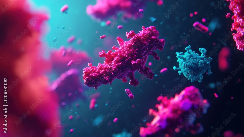 Vibrant microscopic view of colorful bacteria in a dark, ethereal environment, showcasing intricate details and textures of microbial life. Vibrant microscopic view of colorful bacteria in a dark, ethereal environment, showcasing intricate details and textures of microbial life.