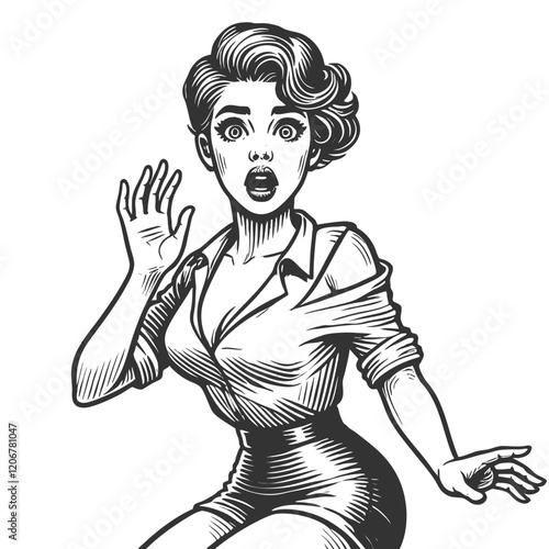 Surprised woman with an expression of shock, surprise and vintage style sketch engraving generative ai fictional character vector illustration. Scratch board imitation. Black and white image.