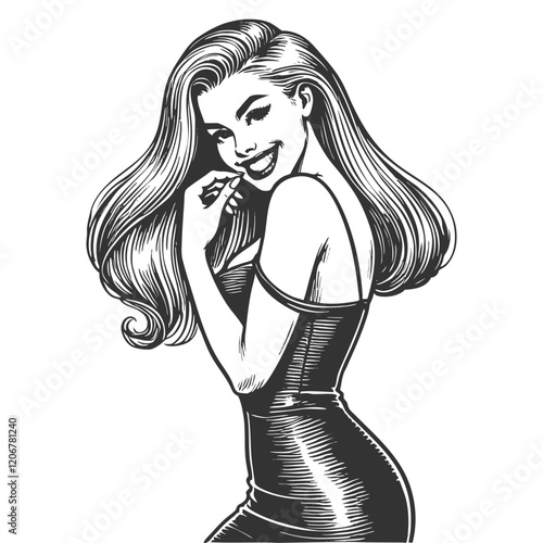 Playful smiling beautiful young woman flirty biting her finger sketch engraving generative ai fictional character vector illustration. Scratch board imitation. Black and white image.