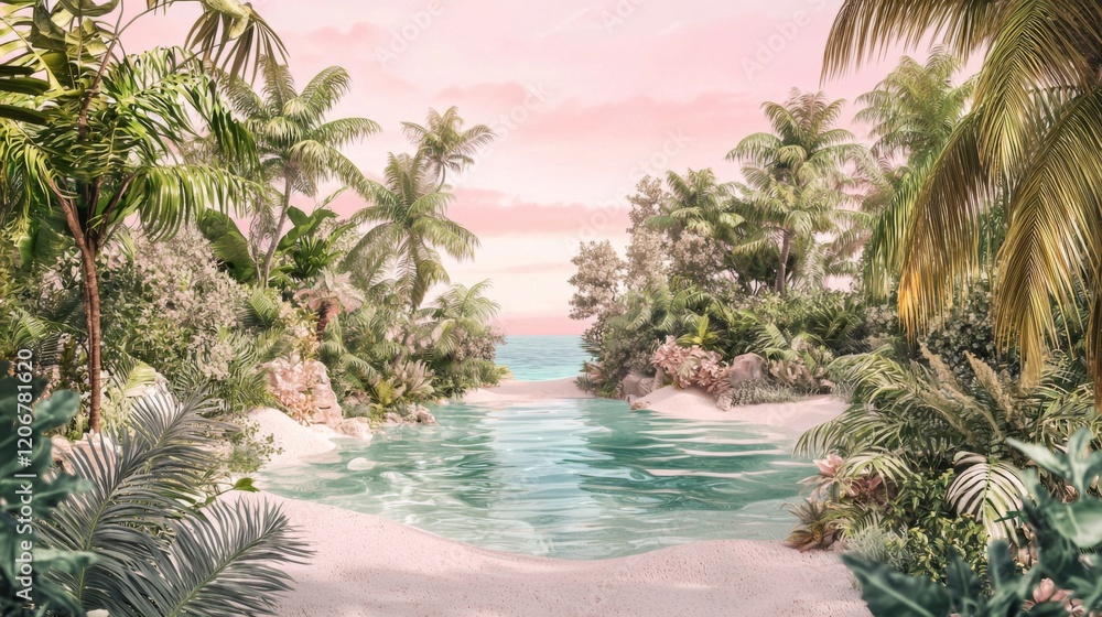 Fototapeta premium Tranquil Tropical Paradise with Lush Greenery and Serene Waters at Sunset