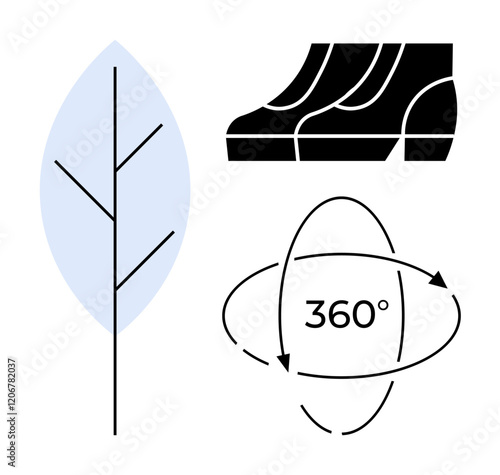 Leaf representing eco-friendliness, stylish shoes icon, and 360-degree rotation arrows. Ideal for concepts thumbs up sustainability, fashion technology, product design, environmental awareness