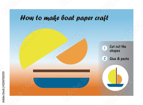 Boat Paper Craft activity worksheet: Follow these simple steps using scissors and glue to cut out the shapes and paste them together for a fun and easy paper craft of a boat.