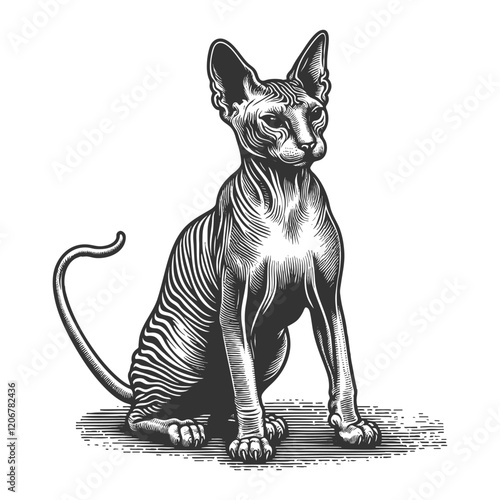 Sphynx cat, showcasing its distinctive hairless body and large ears, in a vintage style sketch engraving generative ai vector illustration. Scratch board imitation. Black and white image.