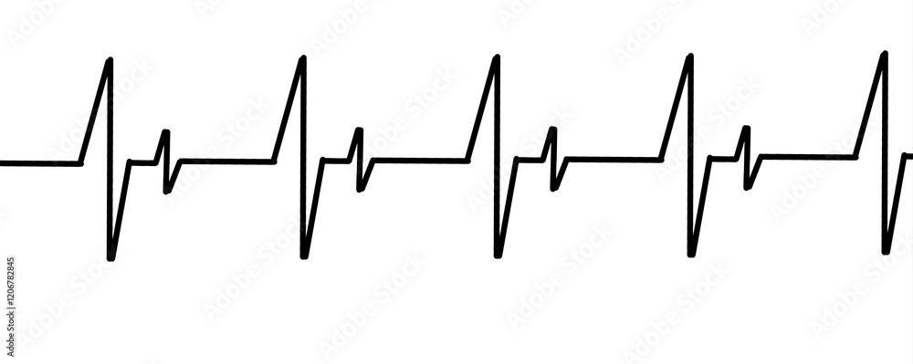 On a white background, an image of a cardiogram with a black line. Panoramic illustration of a curved line on a white background. On a white background, an image of a cardiogram with a black line. Panoramic illustration of a curved line on a white background.