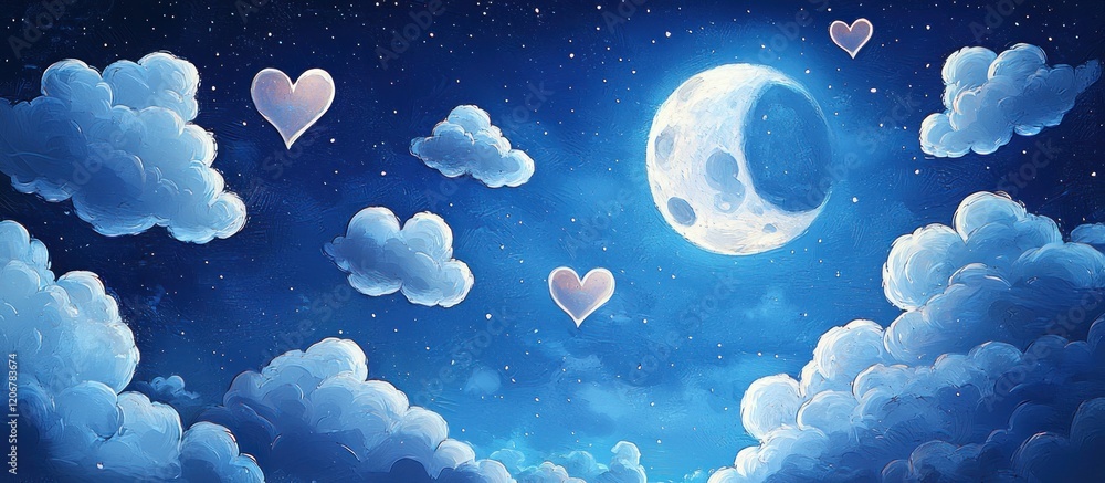 A romantic moonlit night with heart-shaped clouds, perfect for text placement. A romantic moonlit night with heart-shaped clouds, perfect for text placement.