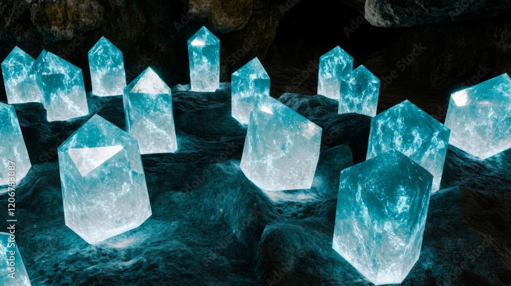 Glowing Crystals in a Dark Cave Illuminating the Surrounding Stones in an Enchanting Natural Display Glowing Crystals in a Dark Cave Illuminating the Surrounding Stones in an Enchanting Natural Display