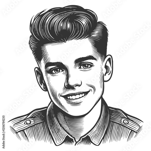 cheerful young man with a classic hairstyle and a friendly smile in vintage style sketch engraving generative ai fictional character vector illustration. Scratch board imitation. Black and white image