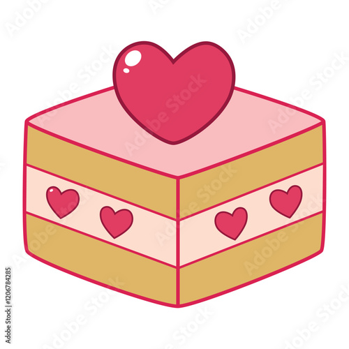 Piece of cake decorated with big heart on top and little hearts by side. Vector illustration for Valentine.