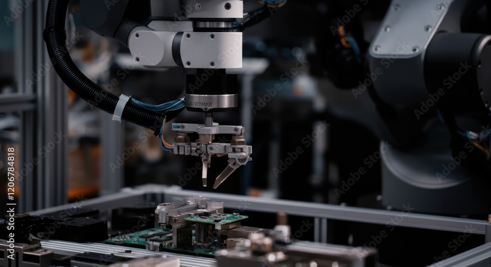 Industrial robotic arm assembling components on a circuit board with precision in a modern factory setting Industrial robotic arm assembling components on a circuit board with precision in a modern factory setting