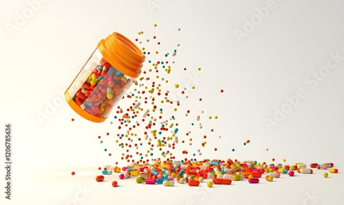 Spilling colorful pills from jar, white background, healthcare photo