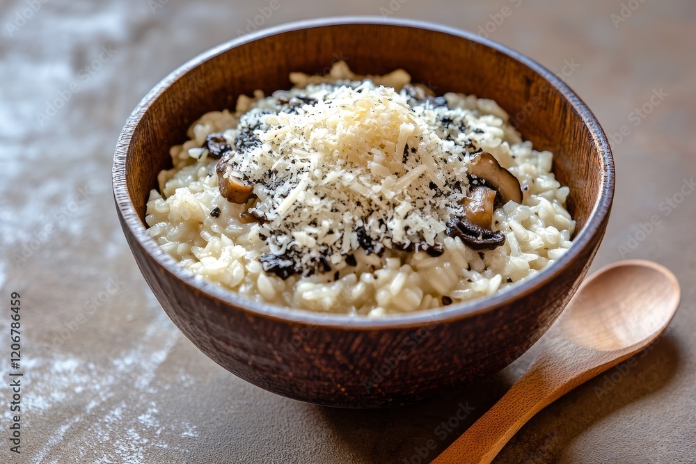 Creamy mushroom risotto in wooden bowl with parmesan cheese. Creamy mushroom risotto in wooden bowl with parmesan cheese.