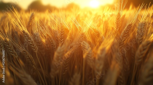 Golden wheat field illuminated by sunset glow photo