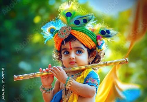 Baby Lord Krishna with a colorful outfit playing the flute, Indian God