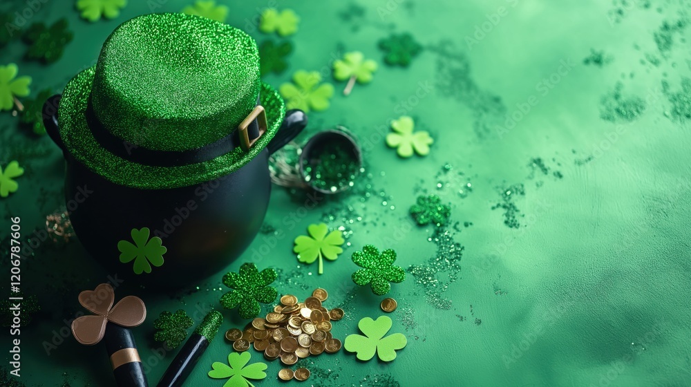 Naklejka premium St. Patrick's Day background with shamrocks with a black cauldron on a green surface, elements for a copy space for text