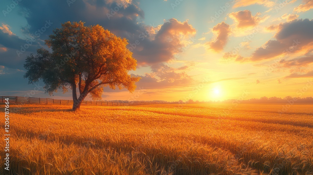 Golden Hour Serenity: A Lone Tree in a Wheat Field at Sunset Golden Hour Serenity: A Lone Tree in a Wheat Field at Sunset