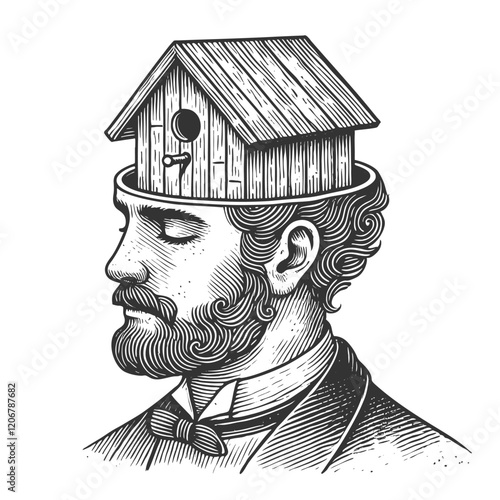 birdhouse emerging from an open head, with two birds flying nearby, symbolizing imagination sketch engraving generative ai vector illustration. Scratch board imitation. Black and white image.