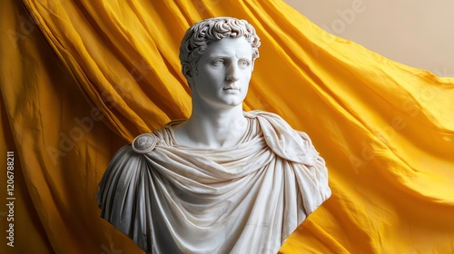 White marble bust of roman emperor with flowing yellow fabric photo