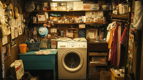 vintage image In a room, there is an old washing machine surrounded by antiques and valuables.