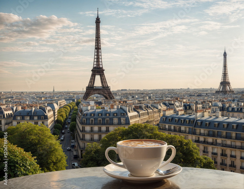Photography Cup of coffee on the table with view of Eiffel tower in Paris, France