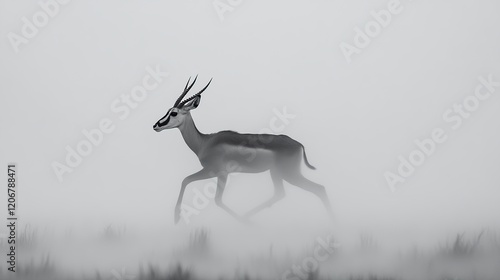A gazelle gracefully runs through a misty field.