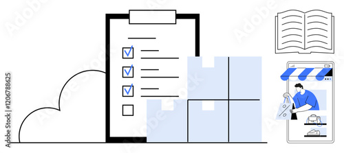 Shopping app with buyers, checklist, boxes, book, cloud. Ideal for online shopping, inventory management, e-commerce logistics organization productivity digital documentation. Abstract line flat