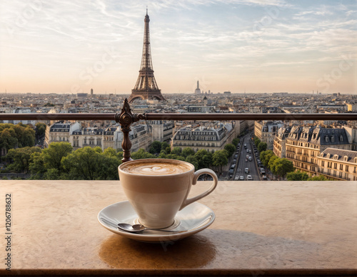 Photography Cup of coffee on the table with view of Eiffel tower in Paris, France