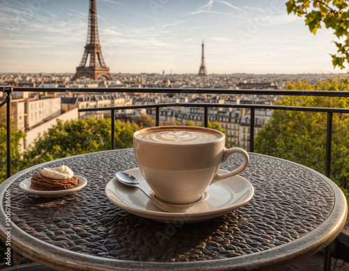 Cup of coffee on the table with view of Eiffel tower in Paris, France