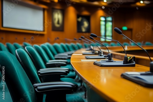 Formal Meeting Room with Microphones and Chairs