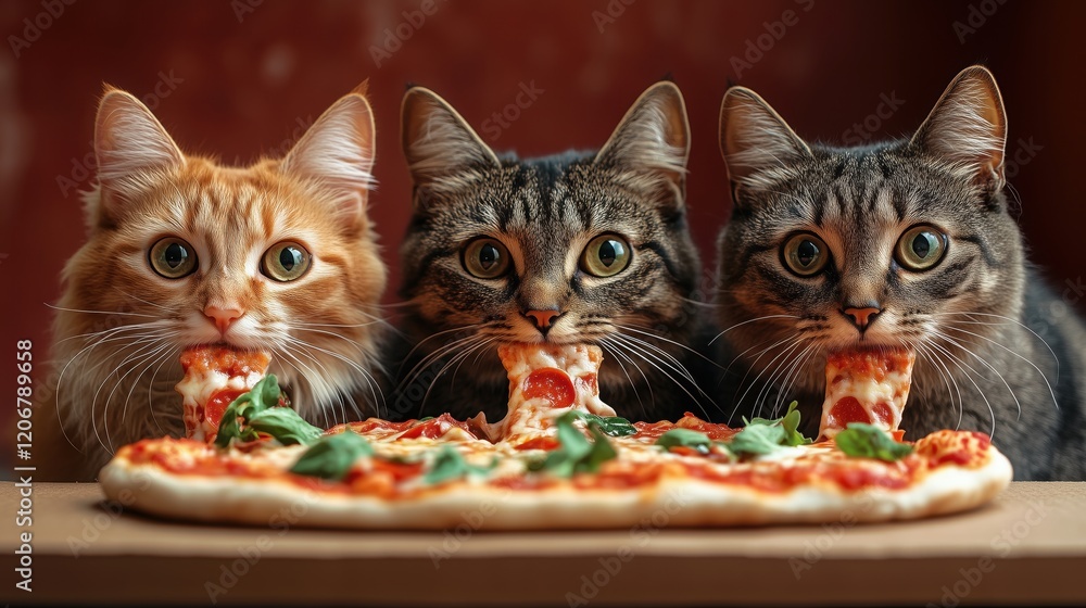 Three cats sharing a pizza with curious expressions Three cats sharing a pizza with curious expressions