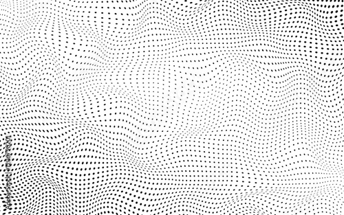 Black white banner with half tone effect. Comic pop art gradient background with abstract curve. Optical spotted texture. Halftone dot pattern. Monochrome vector illustration