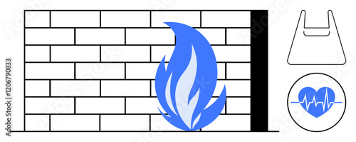 Firewall brick wall with blue flame at the center, a shopping bag icon on the top right, and heartbeat icon below. Ideal for security, protection, online shopping, health, technology, digital