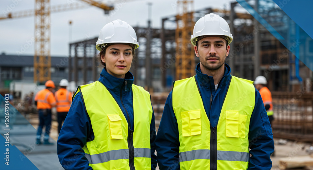 engineers in front of a construction site . Generative AI engineers in front of a construction site . Generative AI