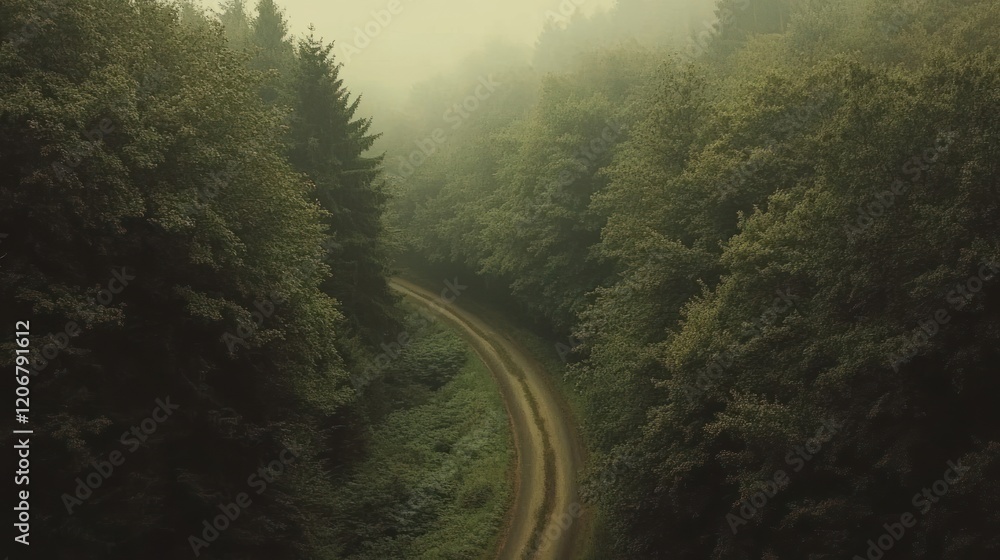 Misty Forest Road: An Aerial View of Serene Nature Misty Forest Road: An Aerial View of Serene Nature