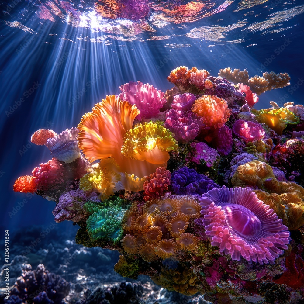 Fototapeta premium Colorful Coral Reef Paradise in Marsa Alam, Egypt: Stunning Panoramic View of Hard Corals and Fish