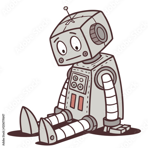 A vector illustration of a melancholic robot sitting on the ground, with a slightly retro and hand-drawn design style