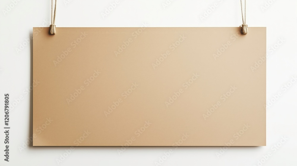 Fototapeta premium Blank Kraft Paper Sign: A rustic, blank kraft paper sign hangs from twine on a plain wall, providing a natural and versatile backdrop for your message.
