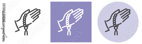 日本のお葬式、数珠を持つ手｜ライン・アイコン　[線の編集可能]