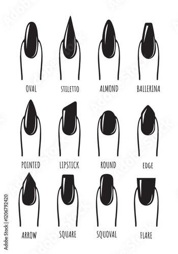 types of nails manicure vector sketch. collection of nail shapes vector drawing. female finger with black nails vector sketches for nail shapes