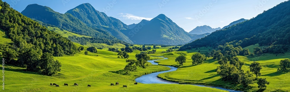 Harmony in Nature: Animals Grazing in a Serene Meadow with a Winding River and Mountain Backdrop - Perfect for Travel, Wildlife and Eco-Friendly Campaigns Harmony in Nature: Animals Grazing in a Serene Meadow with a Winding River and Mountain Backdrop - Perfect for Travel, Wildlife and Eco-Friendly Campaigns