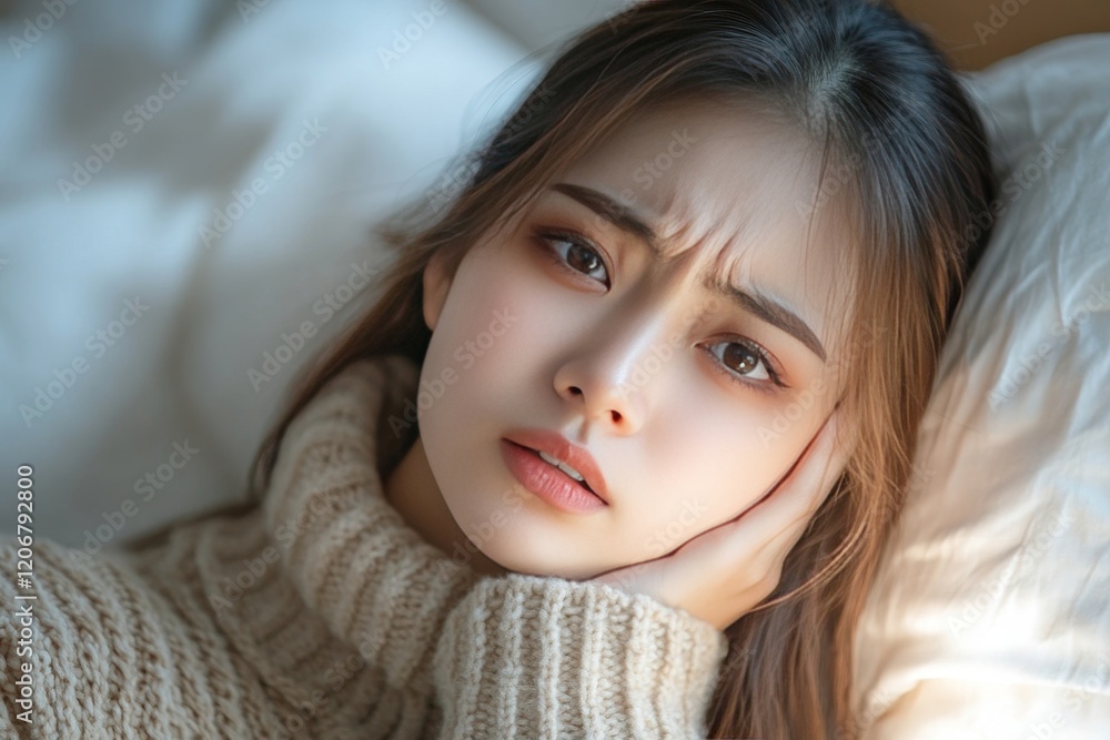 Sore throat in flu season. Young asian man touching her neck and feeling pain in throat in the bedroom at home, Generative AI Sore throat in flu season. Young asian man touching her neck and feeling pain in throat in the bedroom at home, Generative AI