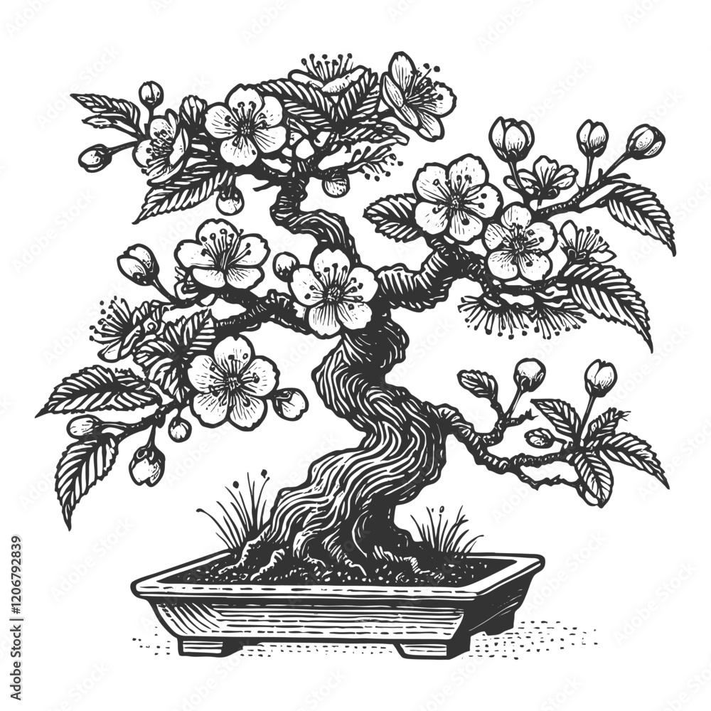 Fototapeta premium blossoming bonsai sakura cherry tree with delicate flowers and leaves, balance, nature, and artistic growth sketch engraving generative ai vector illustration. Scratch board. Black and white image.