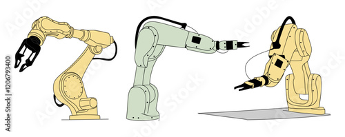 Set of colored outline drawings of modern automatization technology, robotic arms. Artificial intelligence support for industry concept. Vector hand drawn illustrations isolated on white background.