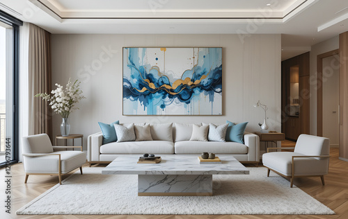 Luxury living room with teal accents modern furniture and a bold wall art centerpiece.