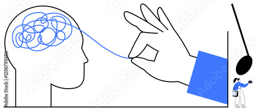 Hand untangling thread from a brain with scribbles. Ideal for mental health, problem-solving, clarity, focus, creative thinking, solutions, idea generation. Abstract line flat metaphor