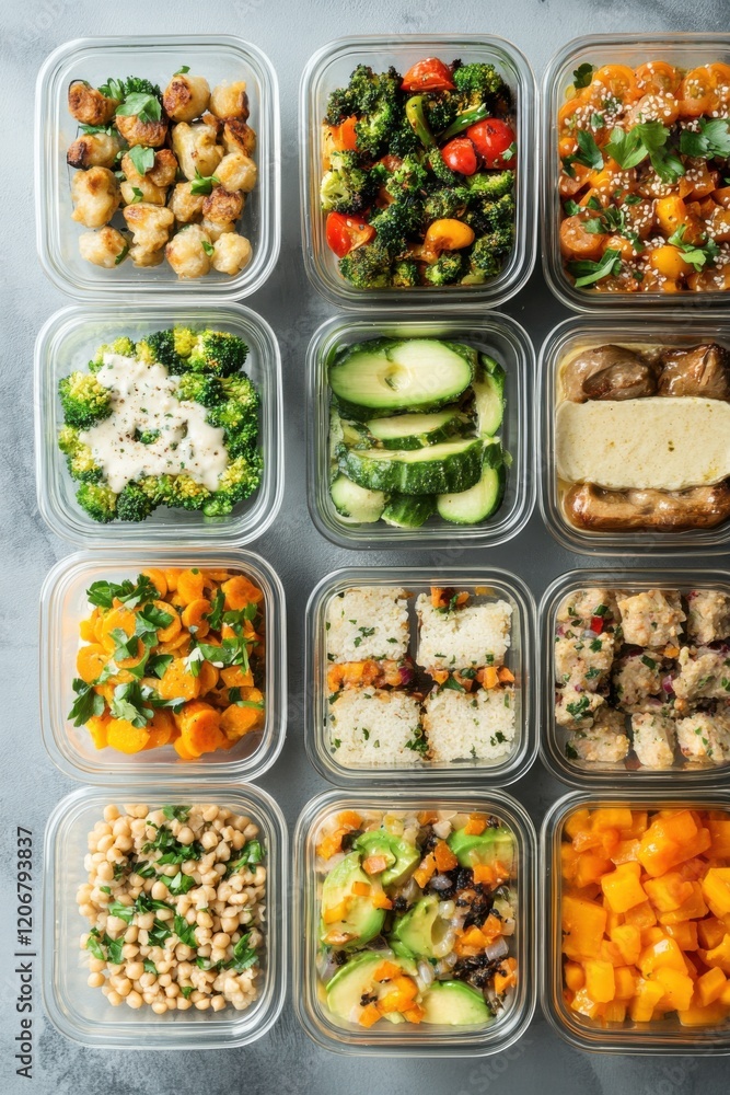 A modern meal prep station with vegan meals, featuring neatly arranged containers with a variety of plant-based dishes, emphasizing convenience and health A modern meal prep station with vegan meals, featuring neatly arranged containers with a variety of plant-based dishes, emphasizing convenience and health