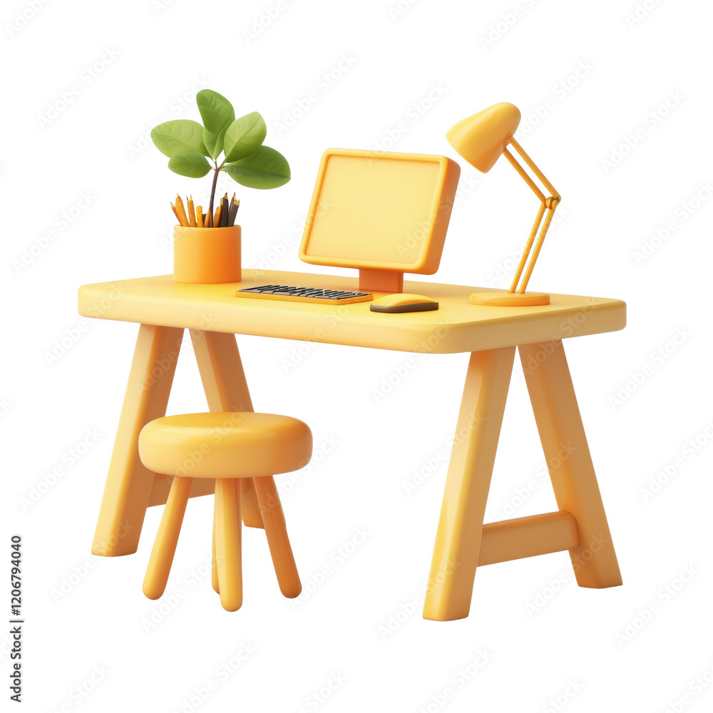 Fototapeta premium Bright yellow workspace with desk, lamp, and plant