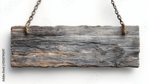 Rustic Wooden Signboard: A weathered, rectangular wooden sign hangs from a rustic chain, offering a blank space for your message or design. photo